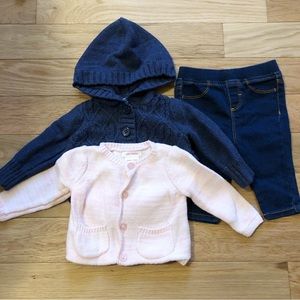 Joe Fresh baby sweaters and jeans, size 3 to 6 months